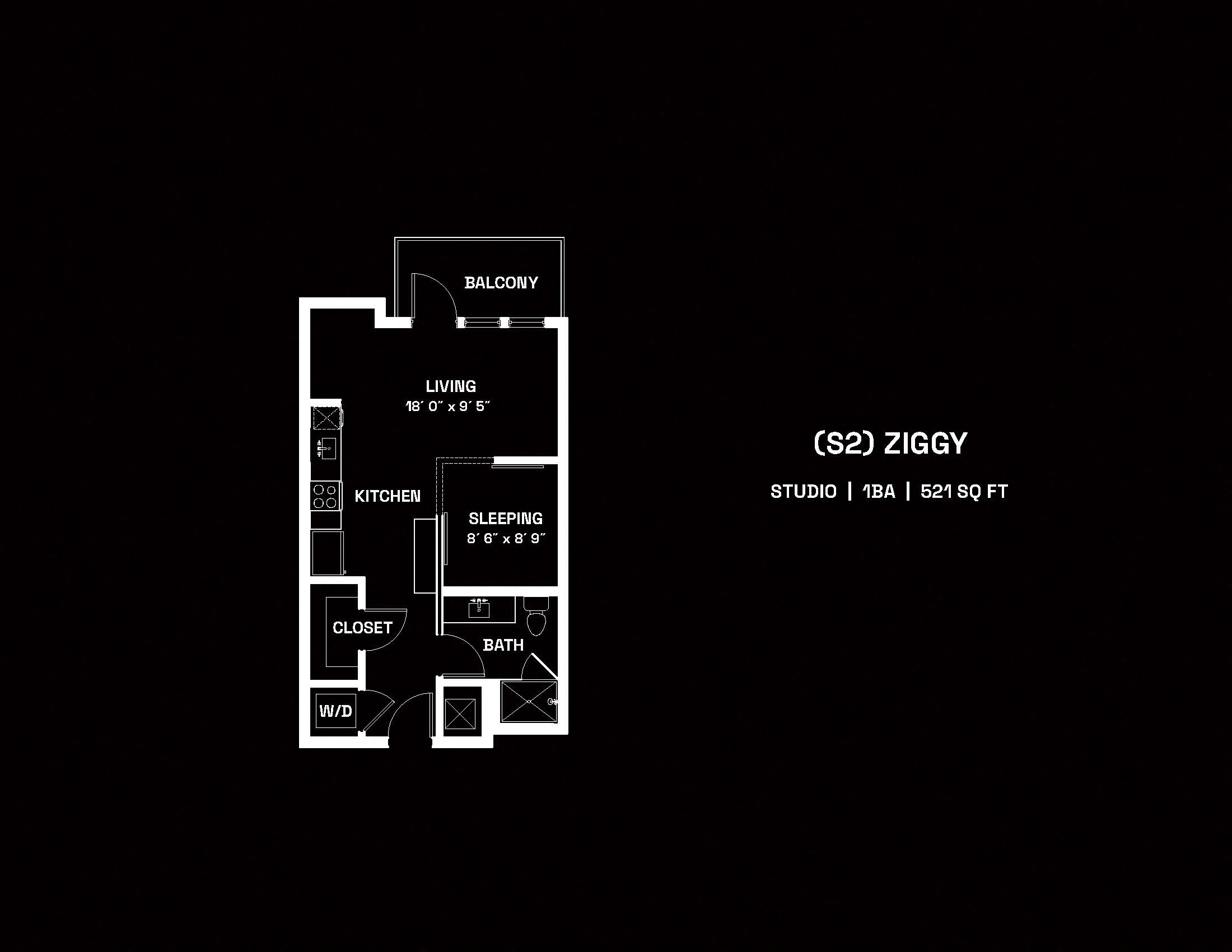 Floor plan for studio, 1 bath, 521 sqft